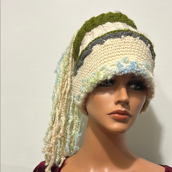 Handcrafted Cream and Green Knit Hat main image 13